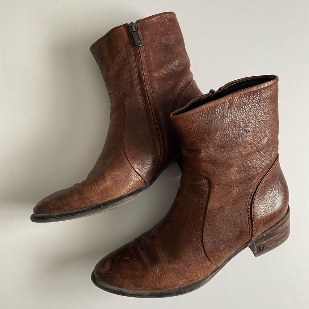 Sam Edelman Soft Brown Leather Zip Ankle Boots Hilary Block Heel Women’s Size 8